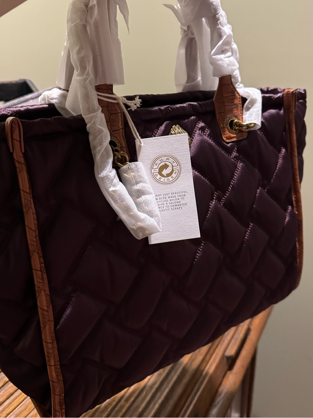 NWT Kurt Geiger Shopper, Quilted Satin Tote Bag in Deep Plum